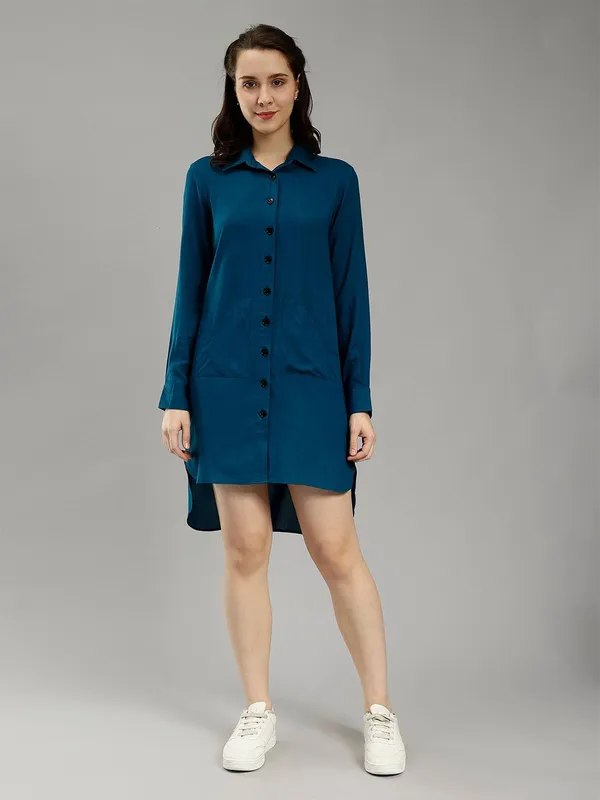 Teal_Cotton_Spread_Collar_Cotton_Comfort_Longline_Slim_Fit_Casual_Shirt_For_Women