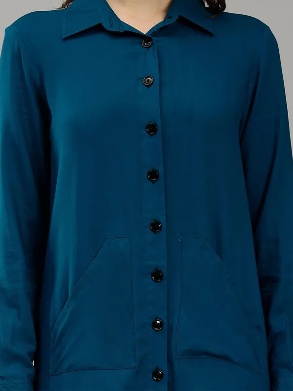 Teal_Cotton_Spread_Collar_Cotton_Comfort_Longline_Slim_Fit_Casual_Shirt_For_Women