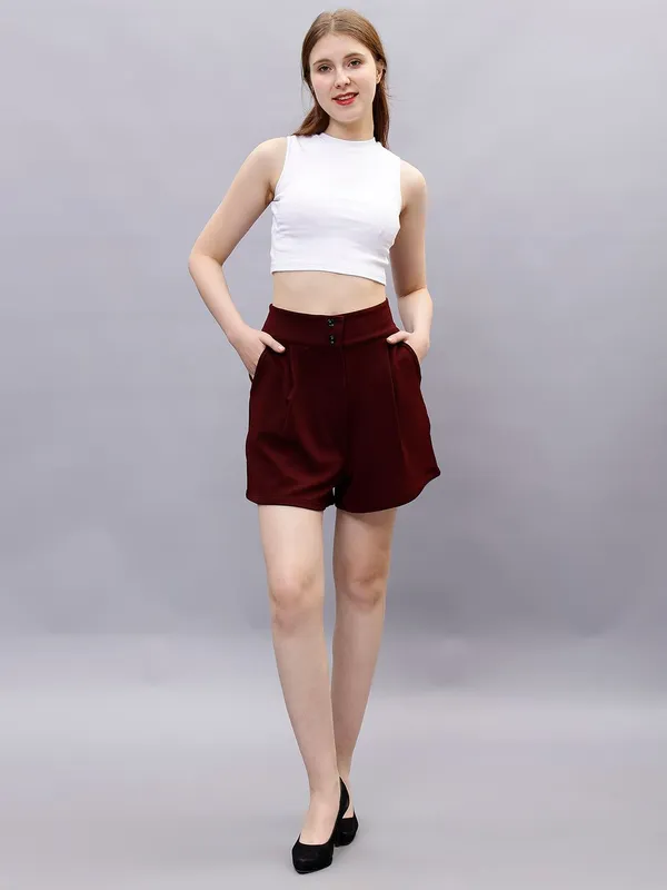 Maroon_Cotton_Women_High-Rise_Shorts_For_Women