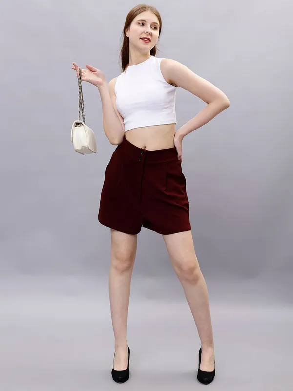 Maroon_Cotton_Women_High-Rise_Shorts_For_Women