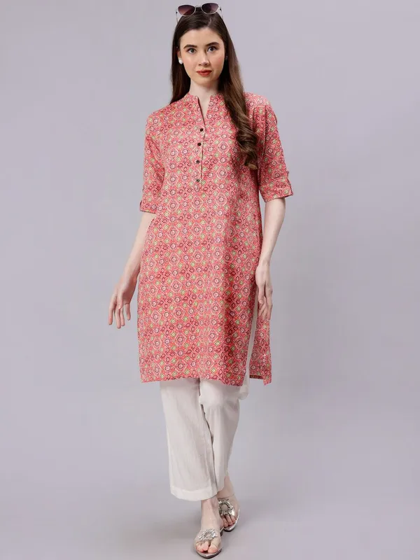 Peach_Cotton_Ethnic_Motifs_Roll-Up_Sleeves_Mandarin_Collar_Cotton_Straight_Kurta_For_Women