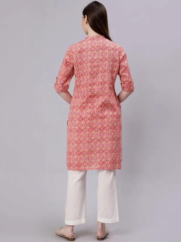 Peach_Cotton_Ethnic_Motifs_Roll-Up_Sleeves_Mandarin_Collar_Cotton_Straight_Kurta_For_Women