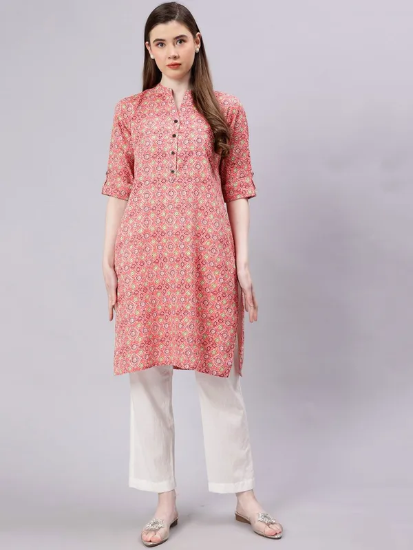 Peach_Cotton_Ethnic_Motifs_Roll-Up_Sleeves_Mandarin_Collar_Cotton_Straight_Kurta_For_Women