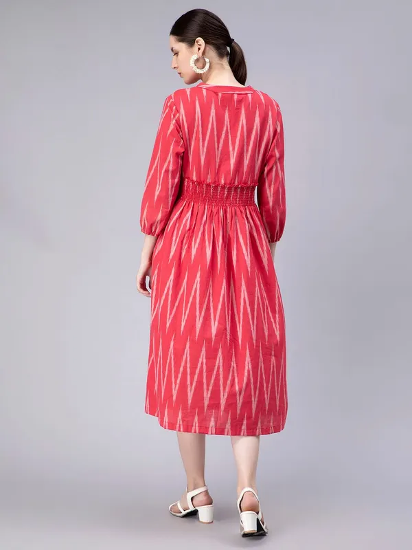 Red_Cotton_Geometric_Printed_V-Neck_Smocked_Cotton_A-Line_Midi_Dress_For_Women
