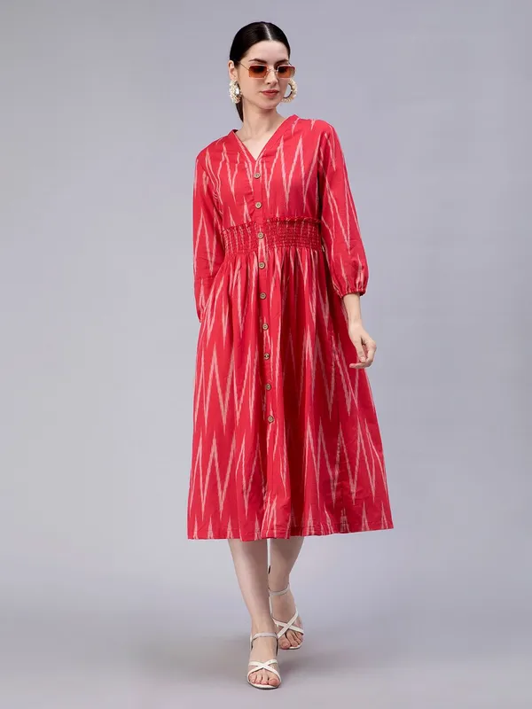Red_Cotton_Geometric_Printed_V-Neck_Smocked_Cotton_A-Line_Midi_Dress_For_Women
