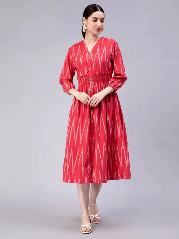 Red_Cotton_Geometric_Printed_V-Neck_Smocked_Cotton_A-Line_Midi_Dress_For_Women