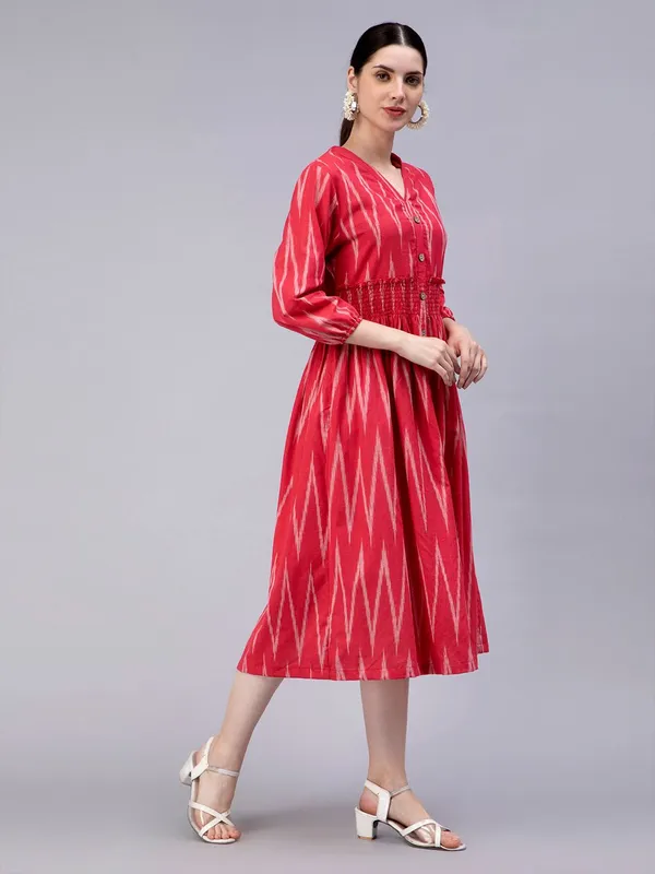 Red_Cotton_Geometric_Printed_V-Neck_Smocked_Cotton_A-Line_Midi_Dress_For_Women