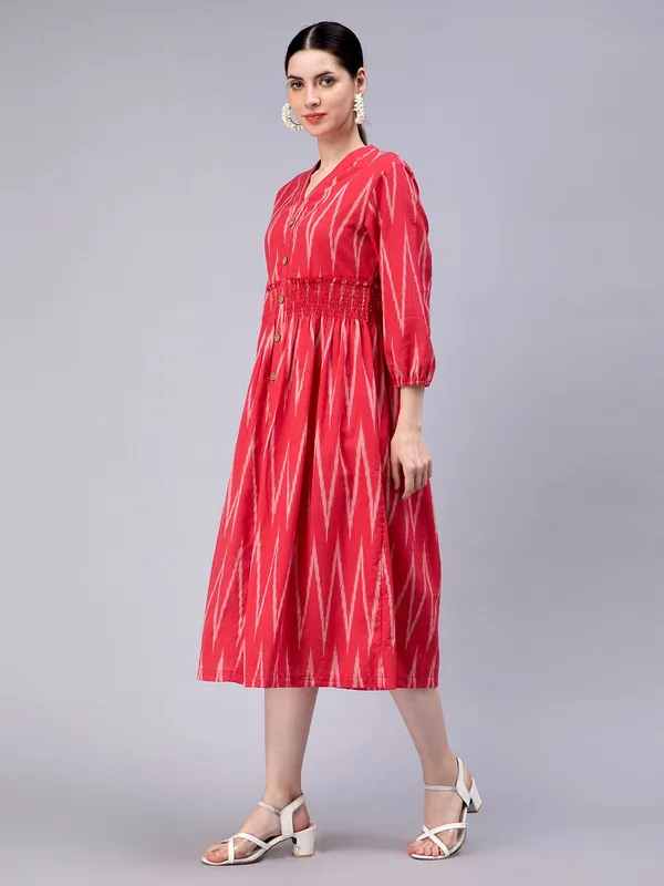 Red_Cotton_Geometric_Printed_V-Neck_Smocked_Cotton_A-Line_Midi_Dress_For_Women
