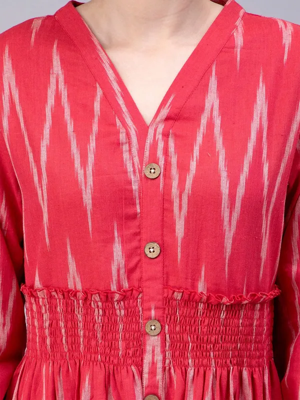 Red_Cotton_Geometric_Printed_V-Neck_Smocked_Cotton_A-Line_Midi_Dress_For_Women