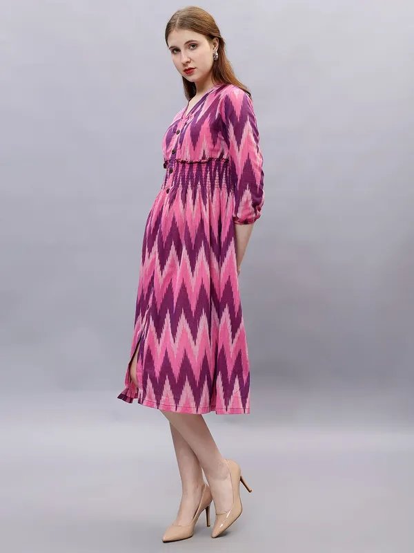 Pink_Cotton_Geometric_Printed_V-Neck_Smocked_Cotton_A-Line_Midi_Dress_For_Women