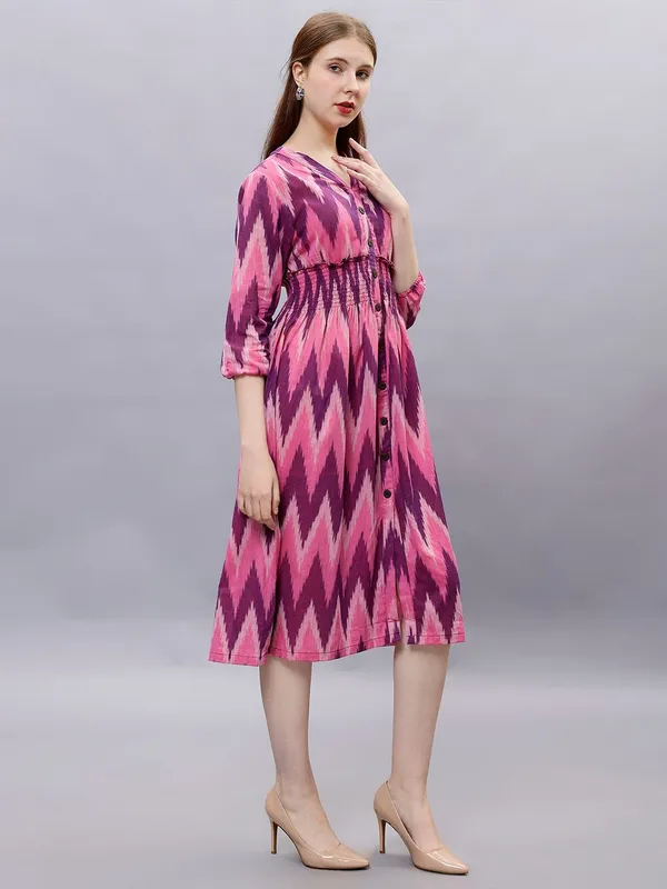 Pink_Cotton_Geometric_Printed_V-Neck_Smocked_Cotton_A-Line_Midi_Dress_For_Women