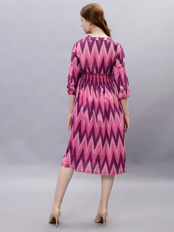 Pink_Cotton_Geometric_Printed_V-Neck_Smocked_Cotton_A-Line_Midi_Dress_For_Women