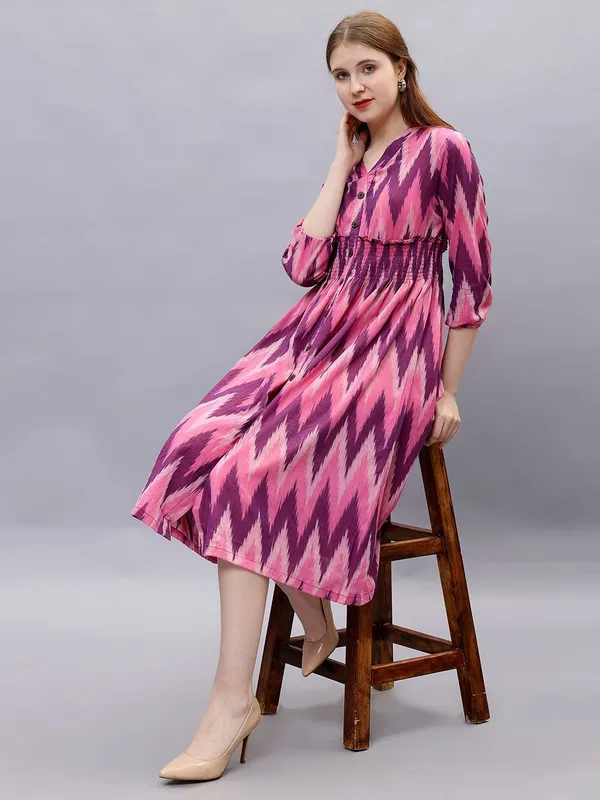 Pink_Cotton_Geometric_Printed_V-Neck_Smocked_Cotton_A-Line_Midi_Dress_For_Women