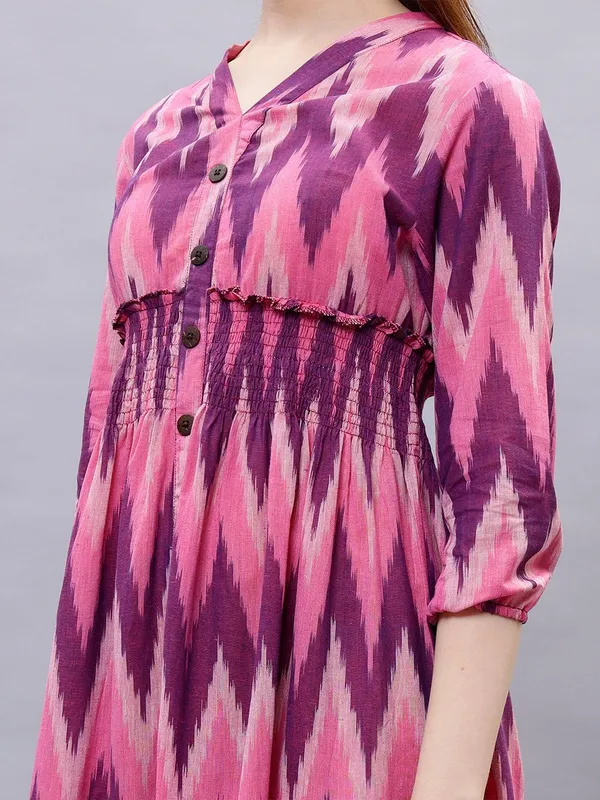 Pink_Cotton_Geometric_Printed_V-Neck_Smocked_Cotton_A-Line_Midi_Dress_For_Women