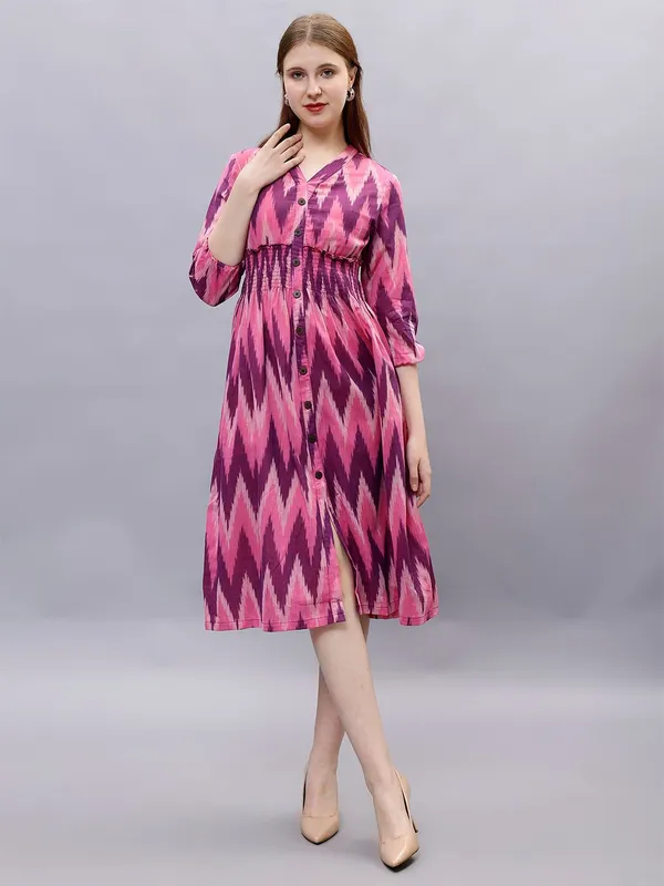 Pink_Cotton_Geometric_Printed_V-Neck_Smocked_Cotton_A-Line_Midi_Dress_For_Women