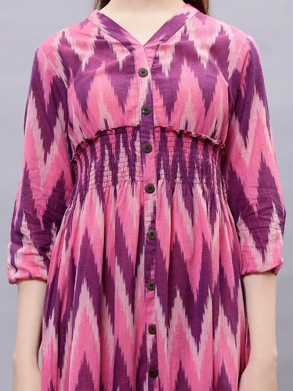 Pink_Cotton_Geometric_Printed_V-Neck_Smocked_Cotton_A-Line_Midi_Dress_For_Women
