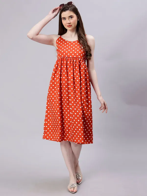 Red_Cotton_Polka_Dot_Print_Empire_Dress_For_Women