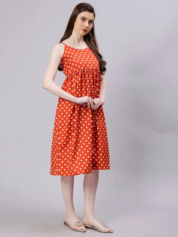 Red_Cotton_Polka_Dot_Print_Empire_Dress_For_Women