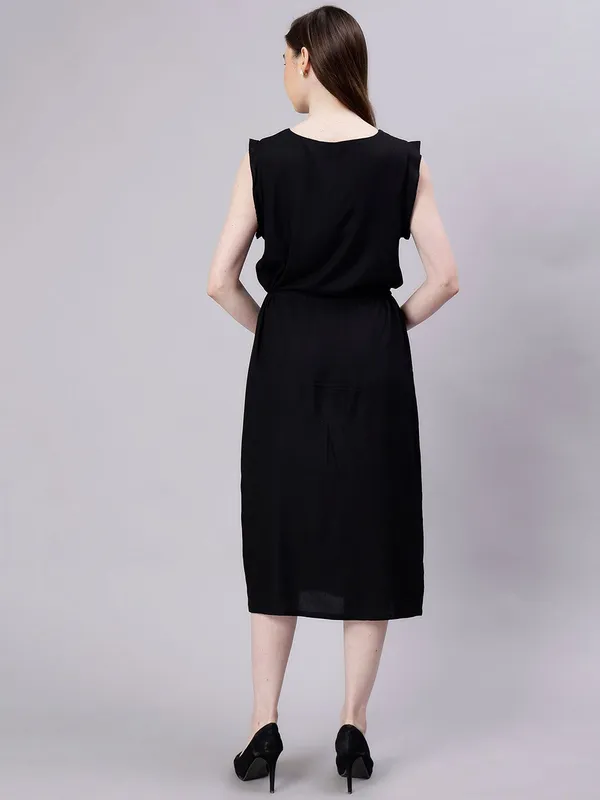 Black_Cotton_V-Neck_A-Line_Midi_Dress_For_Women