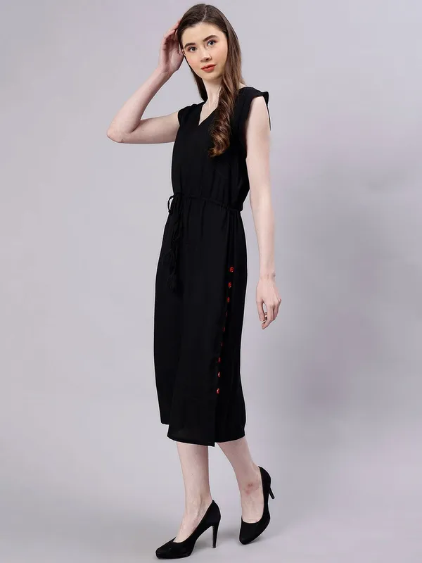 Black_Cotton_V-Neck_A-Line_Midi_Dress_For_Women