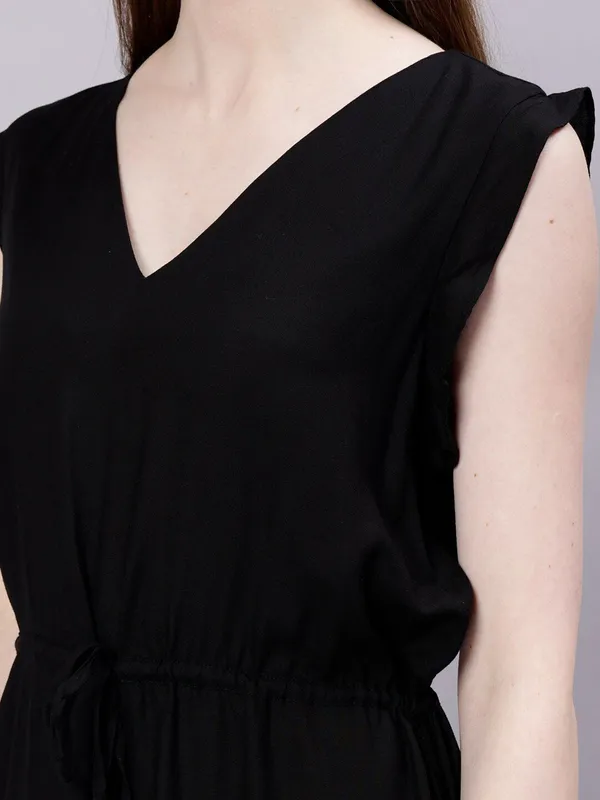Black_Cotton_V-Neck_A-Line_Midi_Dress_For_Women