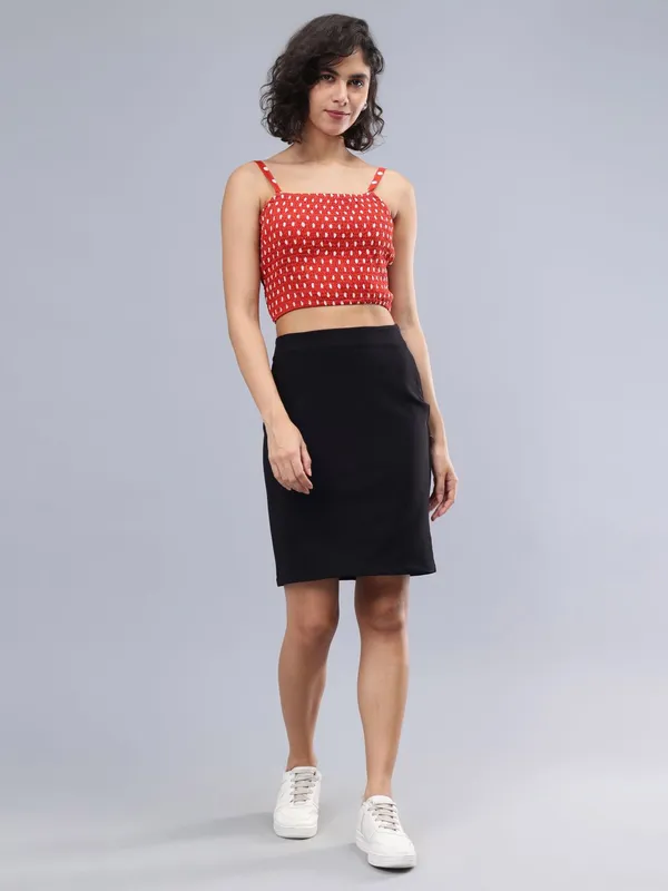 Red_Cotton_Polka_Dots_Printed_Shoulder_Straps_Smocked_Crop_Top_With_Skirt_For_Women