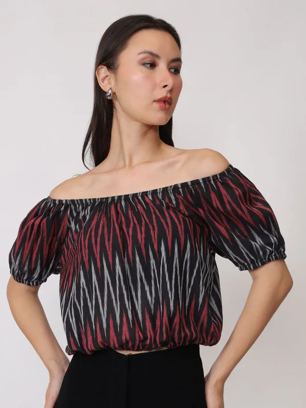 Maroon_Cotton_Geometric_Checked_Off-Shoulder_Puff_Sleeve_Cotton_Bardot_Crop_Top_For_Women