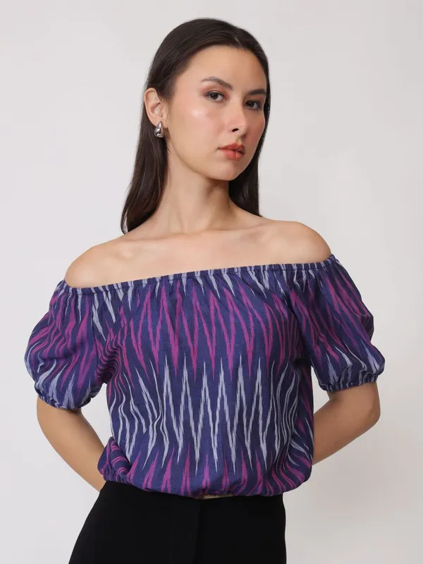 Purple_Cotton_Geometric_Print_Off-Shoulder_Puff_Sleeve_Cotton_Bardot_Top_For_Women