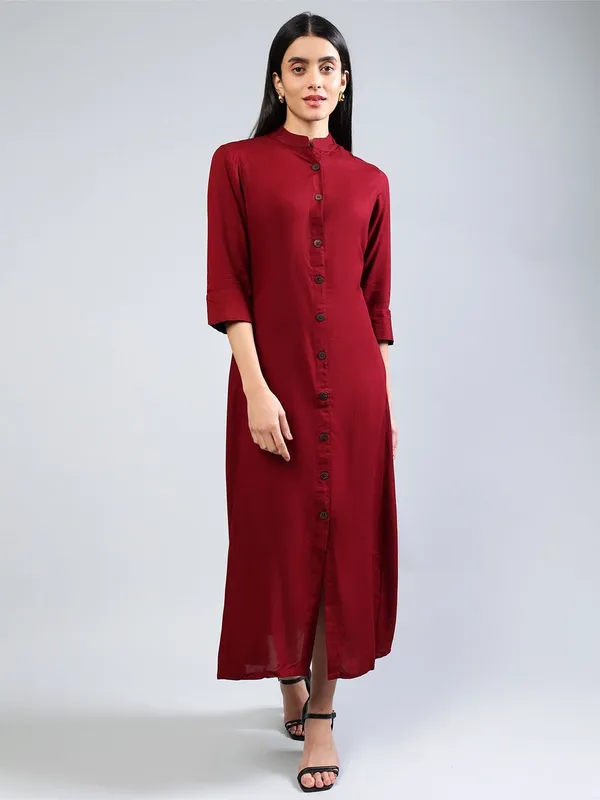 Maroon_Cotton_A-Line_Midi_Dress_For_Women