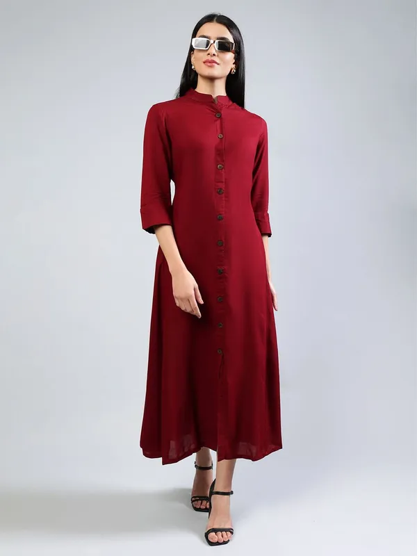 Maroon_Cotton_A-Line_Midi_Dress_For_Women