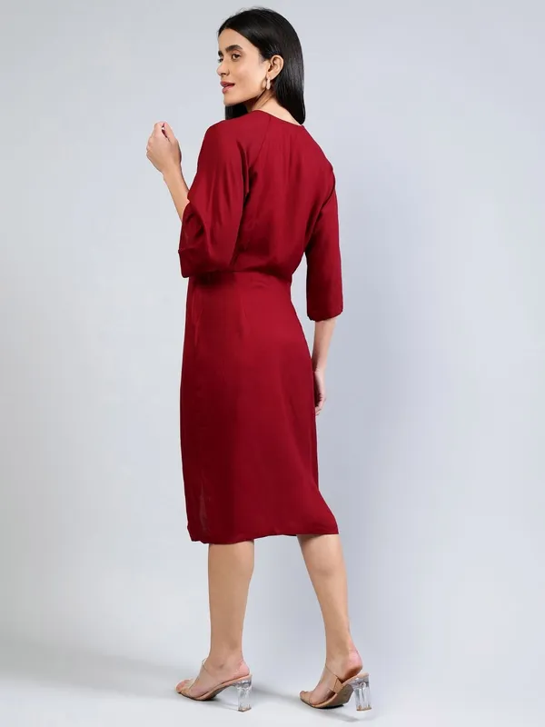 Maroon_Cotton_Women_Flared_Sleeves_Cotton_Midi_Sheath_Dress_For_Women