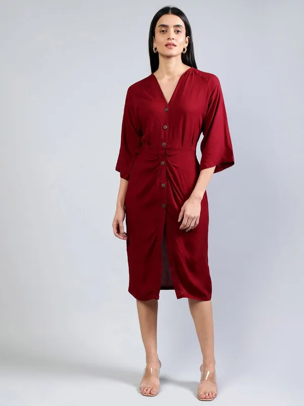 Maroon_Cotton_Women_Flared_Sleeves_Cotton_Midi_Sheath_Dress_For_Women