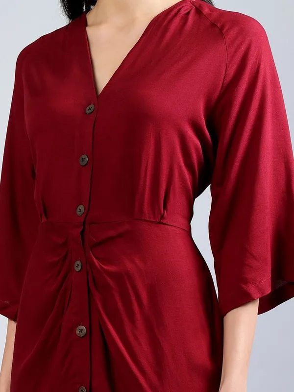 Maroon_Cotton_Women_Flared_Sleeves_Cotton_Midi_Sheath_Dress_For_Women