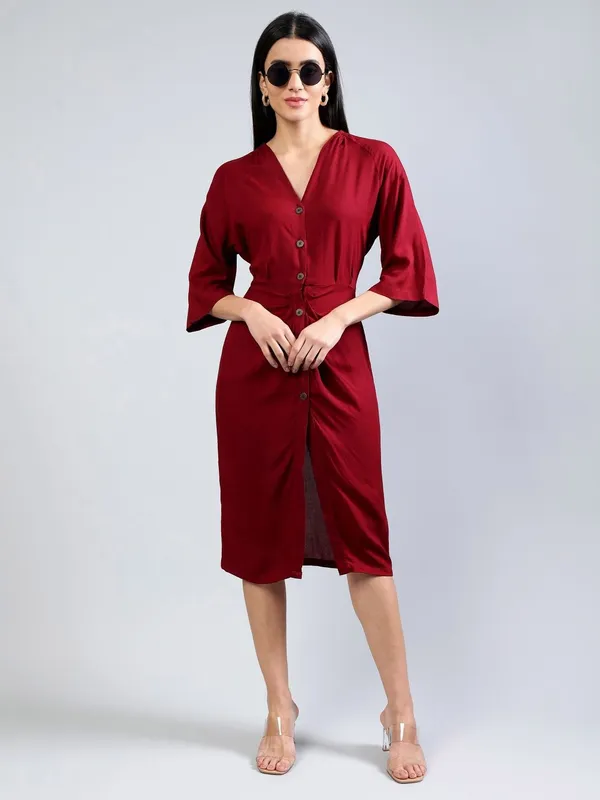 Maroon_Cotton_Women_Flared_Sleeves_Cotton_Midi_Sheath_Dress_For_Women