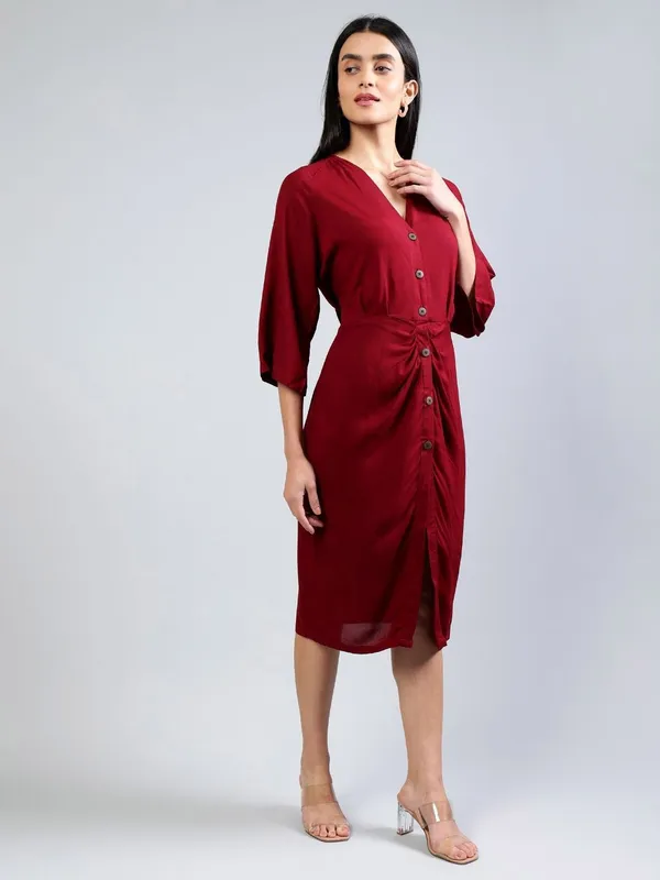 Maroon_Cotton_Women_Flared_Sleeves_Cotton_Midi_Sheath_Dress_For_Women
