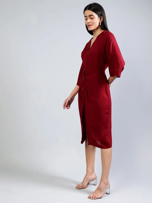Maroon_Cotton_Women_Flared_Sleeves_Cotton_Midi_Sheath_Dress_For_Women