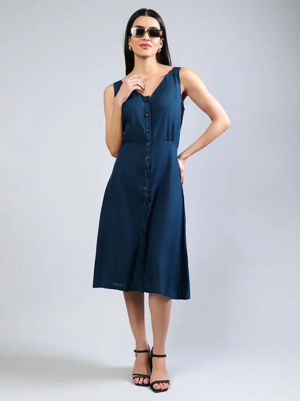 Teal_Cotton_A-Line_Midi_Dress_For_Women