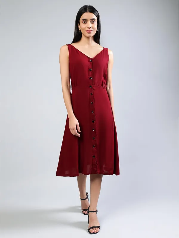 Maroon_Cotton_A-Line_Midi_Dress_For_Women