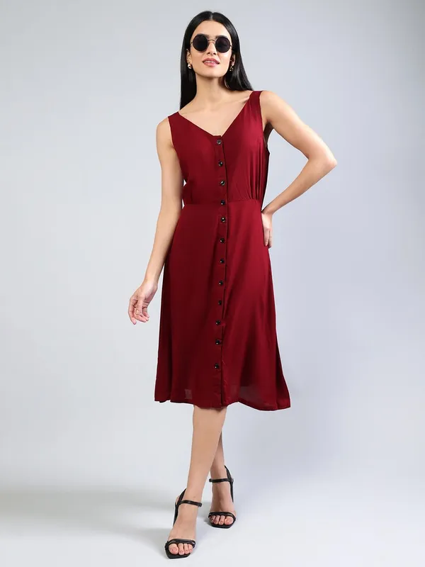 Maroon_Cotton_A-Line_Midi_Dress_For_Women