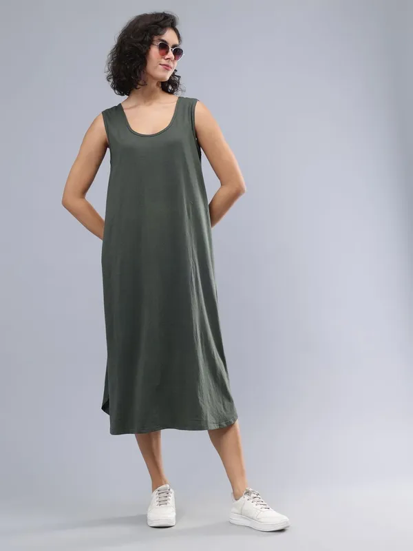 Olive_Cotton_Women_Solid_Pattern_Midi_Dress_For_Women