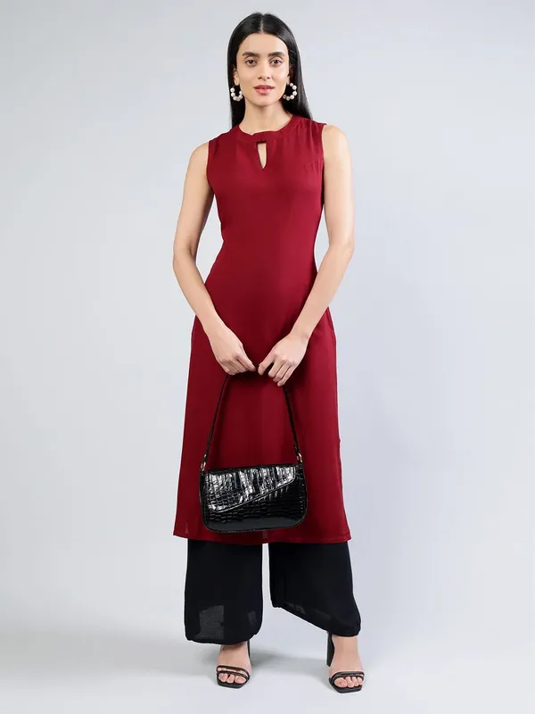 Maroon_Cotton_Women_Keyhole_Neck_Kurta_For_Women