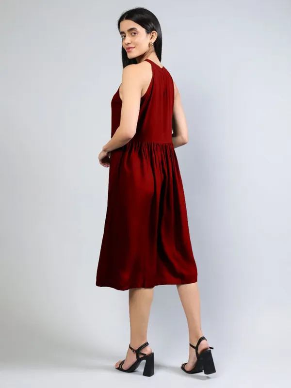 Maroon_Cotton_Women_Halter_Neck_Fit_And_Flare_Midi_Dress_For_Women