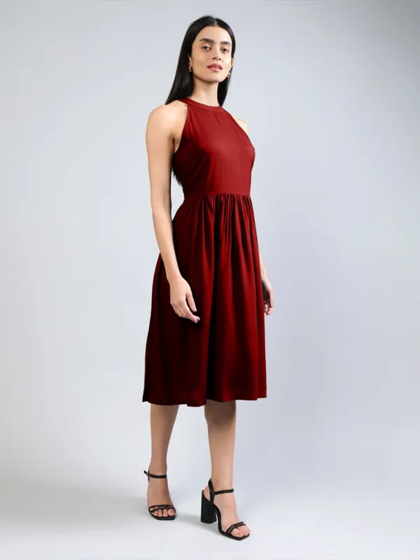 Maroon_Cotton_Women_Halter_Neck_Fit_And_Flare_Midi_Dress_For_Women