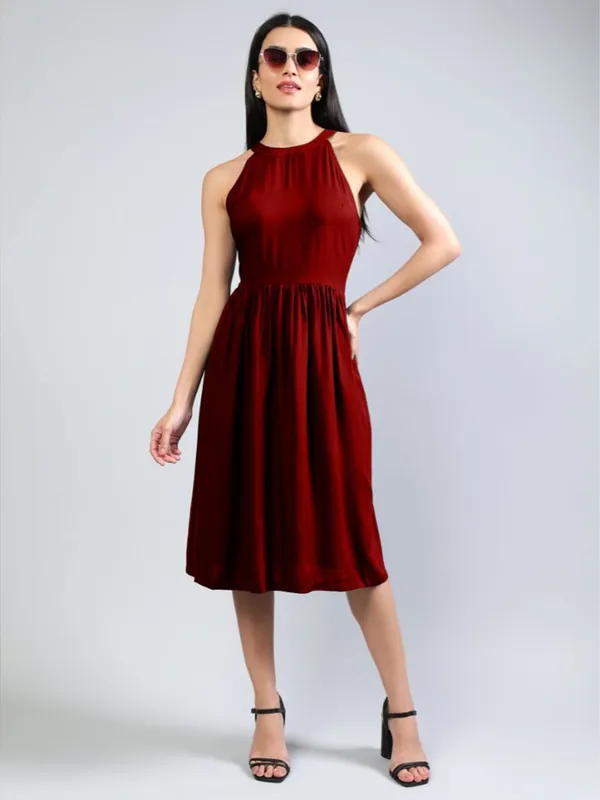 Maroon_Cotton_Women_Halter_Neck_Fit_And_Flare_Midi_Dress_For_Women