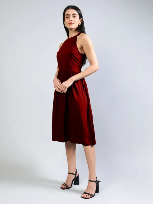 Maroon_Cotton_Women_Halter_Neck_Fit_And_Flare_Midi_Dress_For_Women