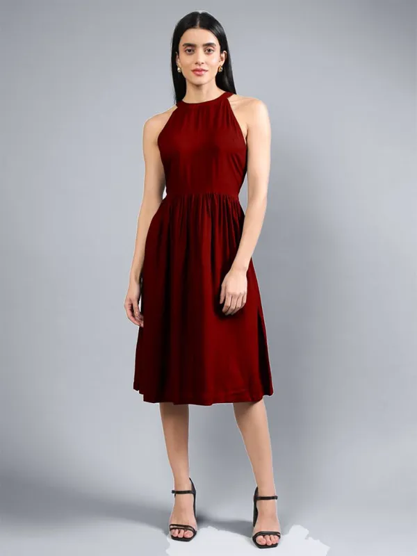 Maroon_Cotton_Women_Halter_Neck_Fit_And_Flare_Midi_Dress_For_Women
