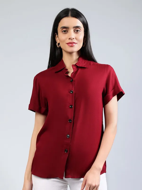 Maroon_Cotton_Women_Classic_Slim_Fit_Casual_Shirt_For_Women