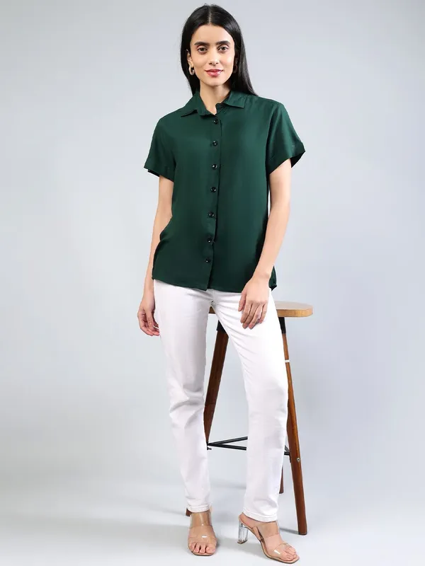 Green_Cotton_Women_Classic_Slim_Fit_Casual_Shirt_For_Women