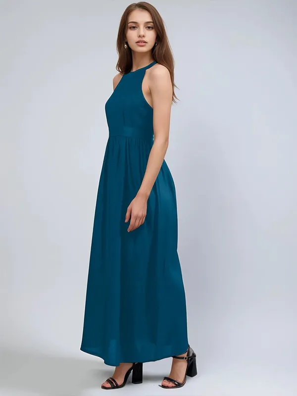Teal_Cotton_Women_Round_Neck_Fit_And_Flare_Tie-Ups_Detail_Maxi_Dress_For_Women