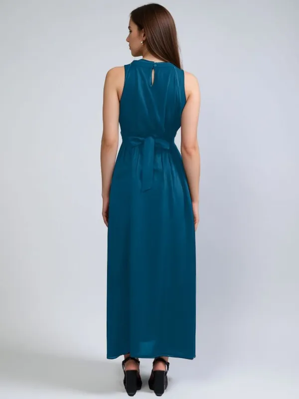 Teal_Cotton_Women_Round_Neck_Fit_And_Flare_Tie-Ups_Detail_Maxi_Dress_For_Women